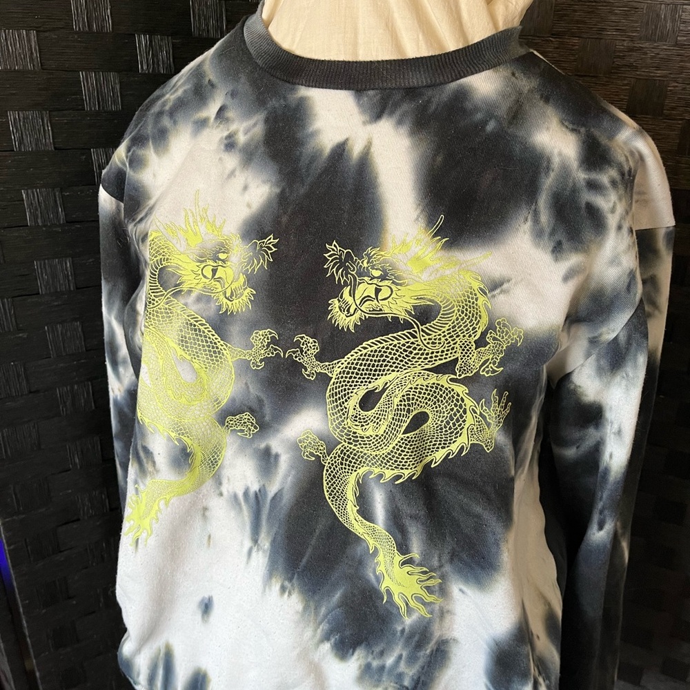 SHEIN Black and White Tie-Dye Sweatshirt with Neon Yellow Dragon